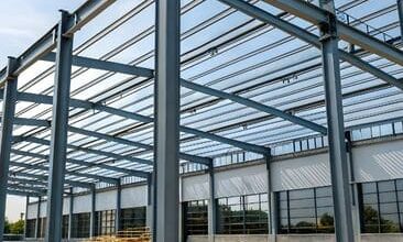 Steel building in the process of being erected.